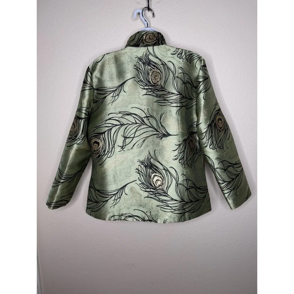 Grace Chuang New York Feather Print Open Jacket Sz S Multicolor Reversible Green - Picture 9 of 16